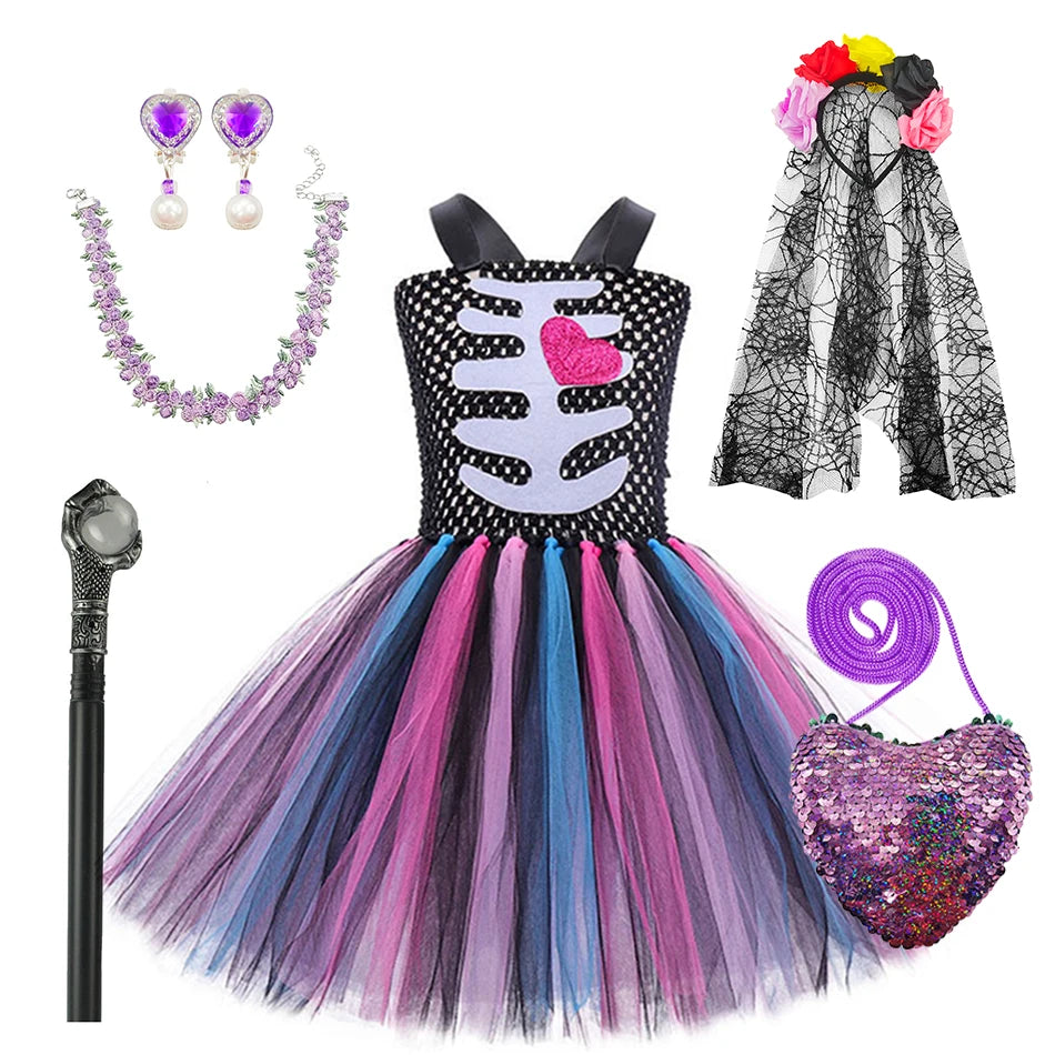 Girls Skeleton Heart Tutu Halloween Costume