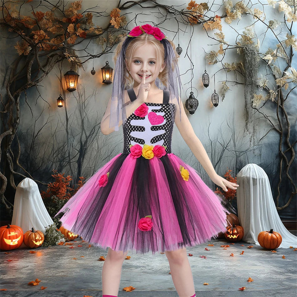 Girls Skeleton Heart Tutu Halloween Costume