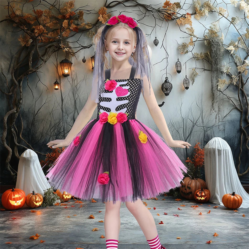 Girls Skeleton Heart Tutu Halloween Costume