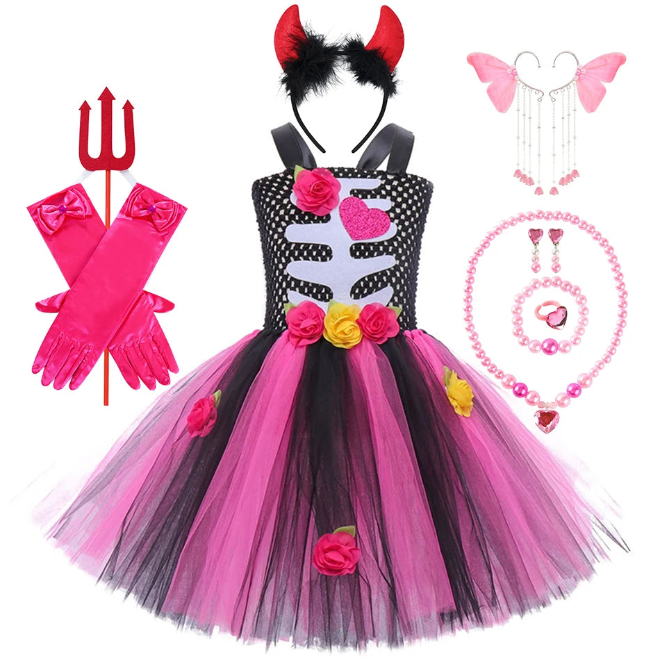 Girls Skeleton Heart Tutu Halloween Costume