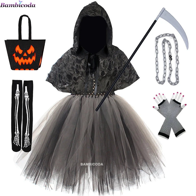 Girls Grim Reaper Black Cloak Costume