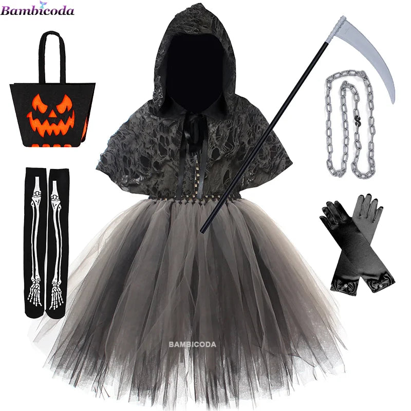 Girls Grim Reaper Black Cloak Costume