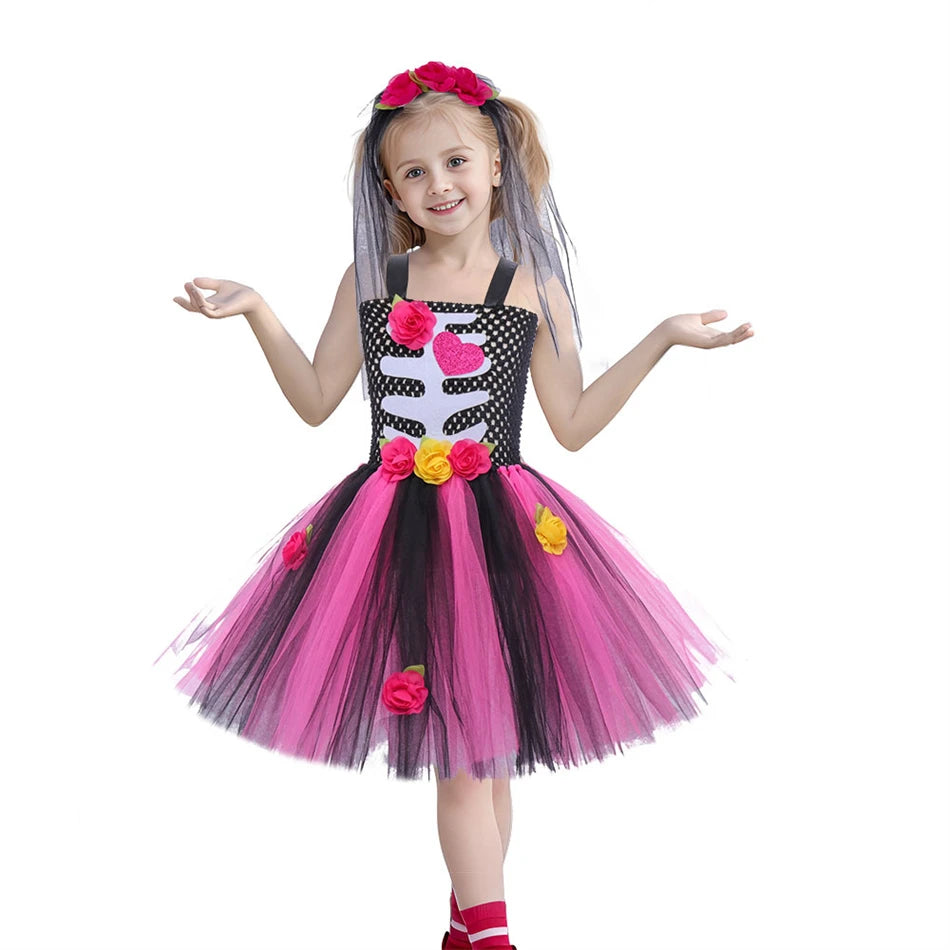 Girls Skeleton Heart Tutu Halloween Costume