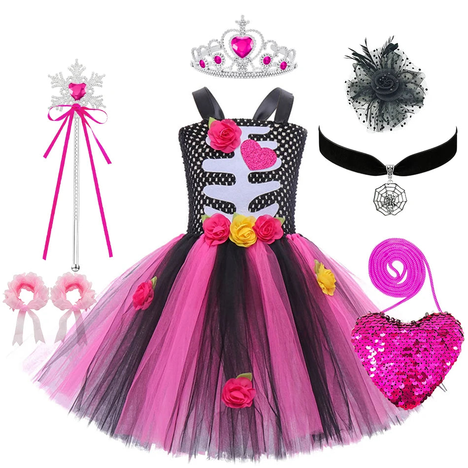 Girls Skeleton Heart Tutu Halloween Costume