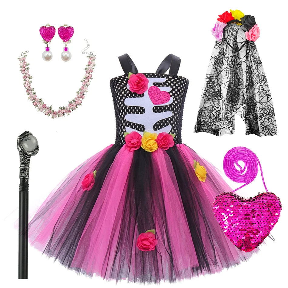 Girls Skeleton Heart Tutu Halloween Costume