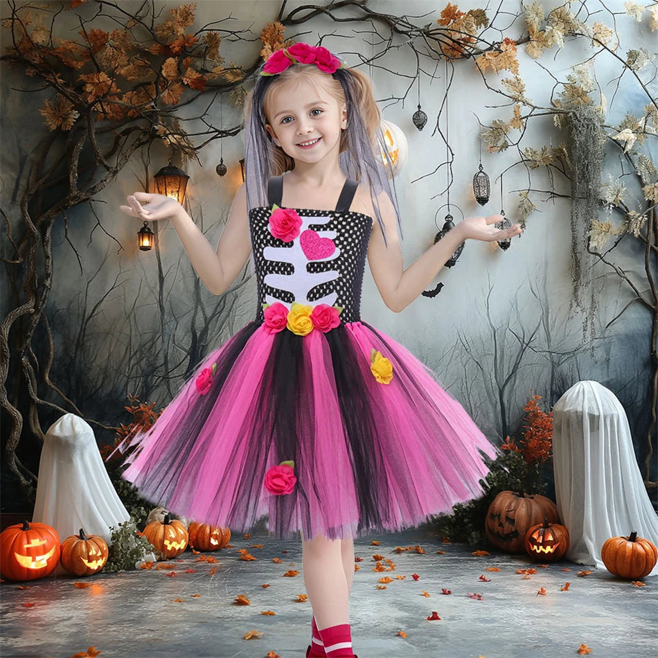 Girls Skeleton Heart Tutu Halloween Costume