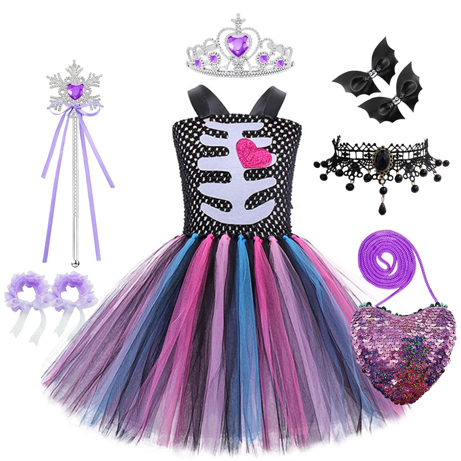 Girls Skeleton Heart Tutu Halloween Costume