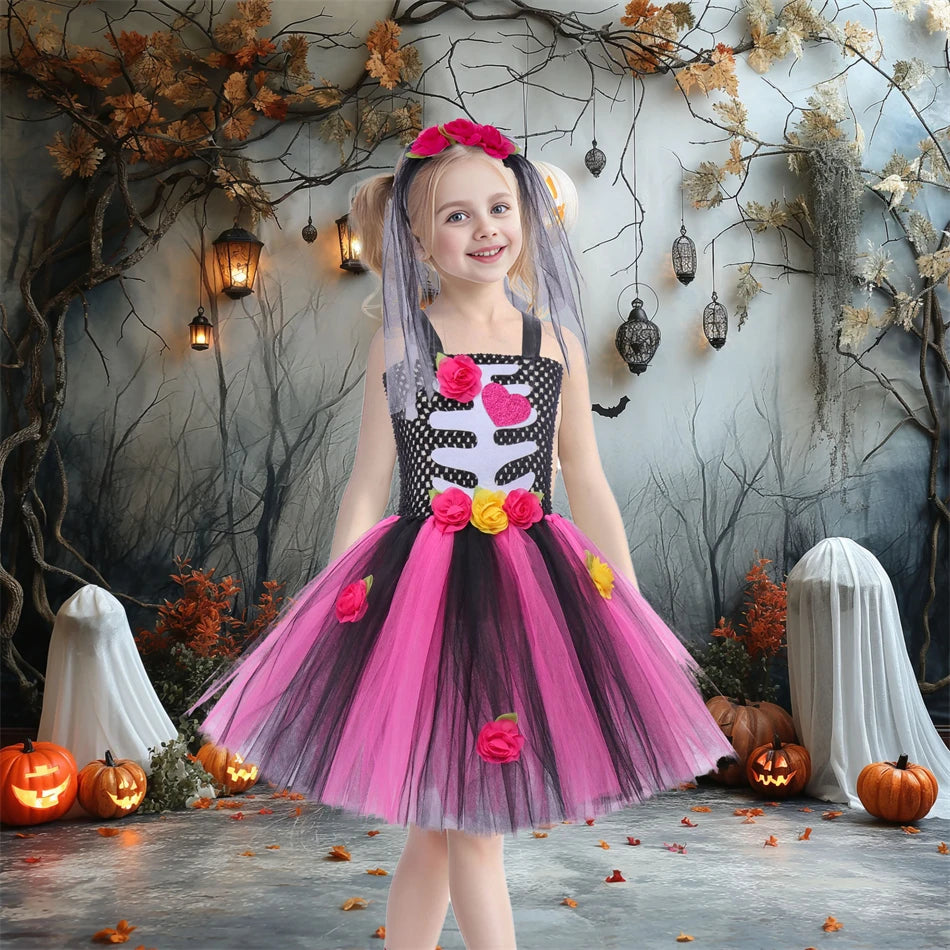 Girls Skeleton Heart Tutu Halloween Costume