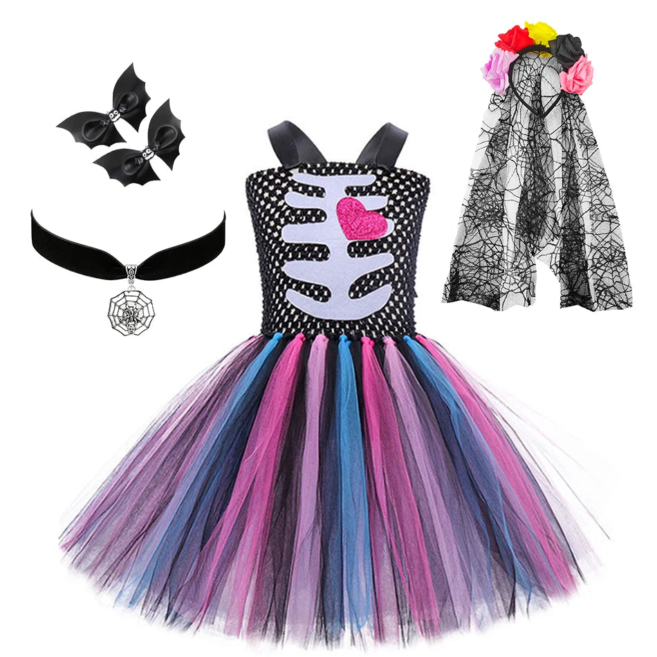 Girls Skeleton Heart Tutu Halloween Costume