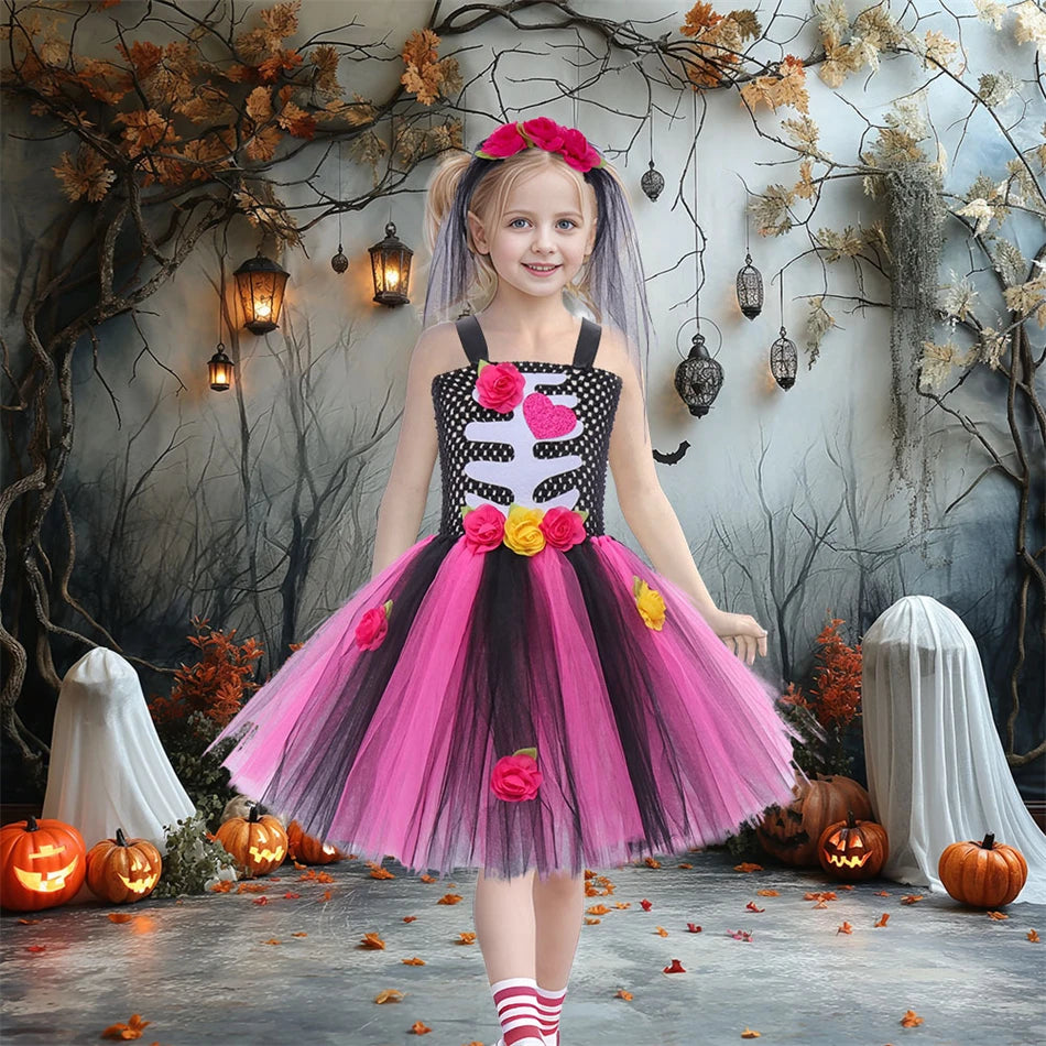 Girls Skeleton Heart Tutu Halloween Costume