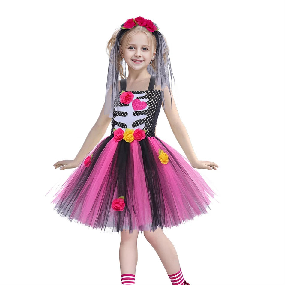 Girls Skeleton Heart Tutu Halloween Costume
