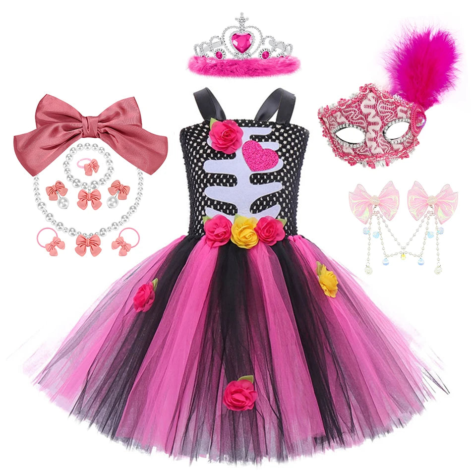 Girls Skeleton Heart Tutu Halloween Costume