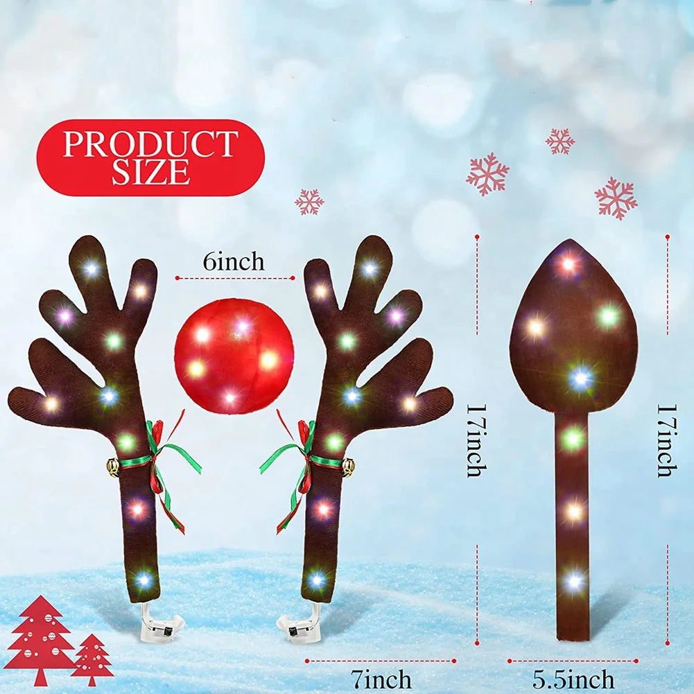Car Reindeer Antlers,Antlers Car Kit with LED Lights,Reindeer Car Kit Antlers,Nose,Tail,Christmas Decorations for Car