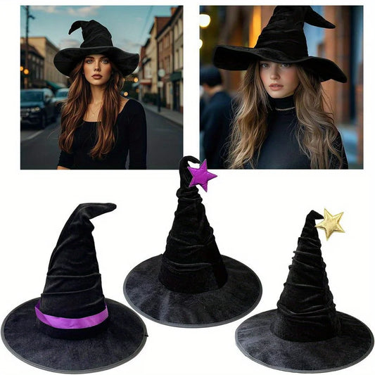 Black Velvet Crumpled Witch Hat – Halloween Costume Accessory